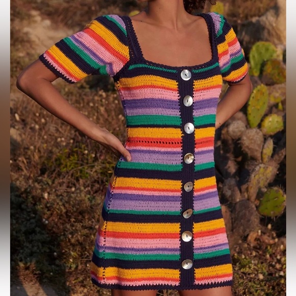 FARM Rio Dresses & Skirts - NWT FARM Rio Renata Crochet Mini Dress Women Small Rainbow Stripe Anthropologie